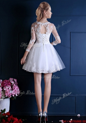 New See Through Scoop Three Fourth Length Sleeves Short Bridesmaid Dress in White