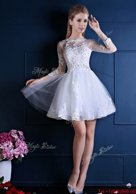 New See Through Scoop Three Fourth Length Sleeves Short Bridesmaid Dress in White