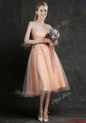 Popular  Hot Sale Strapless Peach Bridesmaid Dress with Sashes and Lace