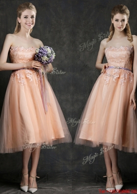 Popular  Hot Sale Strapless Peach Bridesmaid Dress with Sashes and Lace