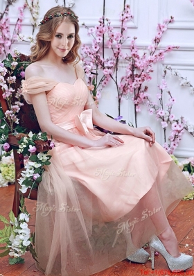 Popular  Off the Shoulder Cap Sleeves Bridesmaid Dress with Bowknot