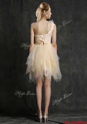 Popular  One Shoulder Short Bridesmaid Dress with Belt and Hand Made Flowers