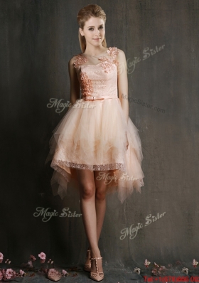 Popular  Scoop High Low Bridesmaid Dress with Appliques and Belt