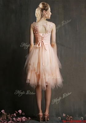 Popular  Scoop High Low Bridesmaid Dress with Appliques and Belt