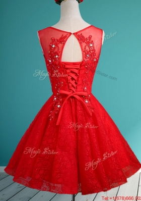 Popular Scoop Red Short Bridesmaid Dress with Beading and Appliques