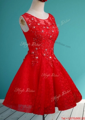 Popular Scoop Red Short Bridesmaid Dress with Beading and Appliques