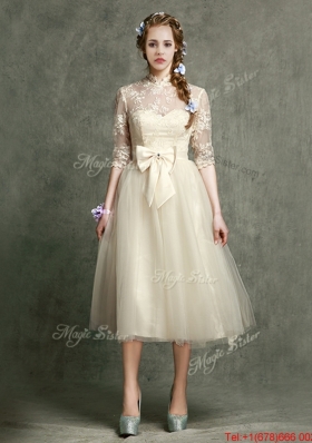 Popular See Through Scoop Champagne Bridesmaid Dresses with Hand Made Flowers and Appliques