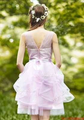 Popular See Through Scoop Short Bridesmaid Dress with Sashes and Ruffles