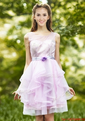 Popular See Through Scoop Short Bridesmaid Dress with Sashes and Ruffles