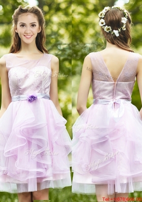 Popular See Through Scoop Short Bridesmaid Dress with Sashes and Ruffles