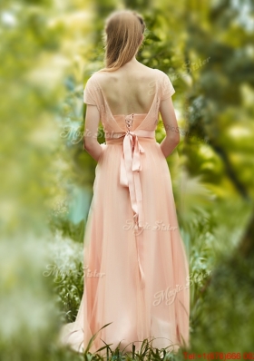 Popular See Through Scoop Short Sleeves Bridesmaid Dress in Peach