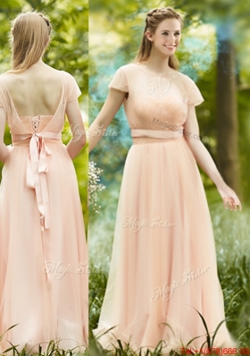 Popular See Through Scoop Short Sleeves Bridesmaid Dress in Peach