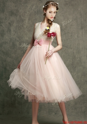 Popular Tea Length V Neck Bridesmaid with Belt and Bowknot