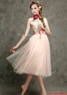 Popular Tea Length V Neck Bridesmaid with Belt and Bowknot