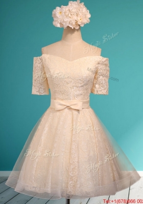 Pretty Off the Shoulder Short Sleeves Champagne Bridesmaid Dress with Bowknot