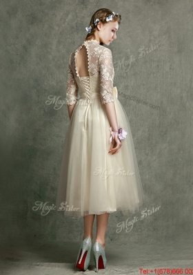 See Through High Neck Half Sleeves Bridesmaid Dress with Lace and Bowknot