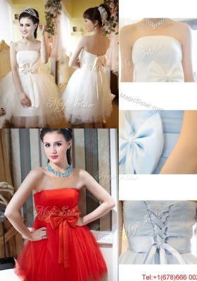 Elegant A Line Strapless Bowknot Short Bridesmaid Dress in Light Blue