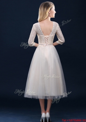 Hot Sale Laced and Applique Champagne Bridesmaid Dress in Tea Length