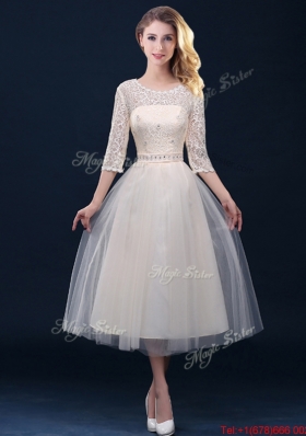 Hot Sale Laced and Applique Champagne Bridesmaid Dress in Tea Length