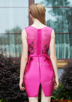 Luxurious Column Scoop Applique Hot Pink Bridesmaid Dress in Satin