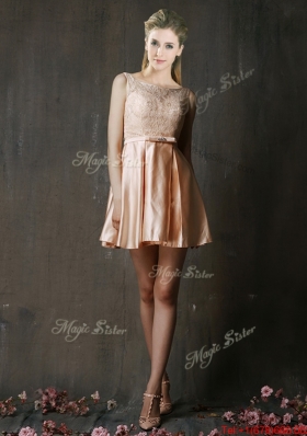 Popular Best Selling Laced and Belted Short Bridesmaid Dress in Peach