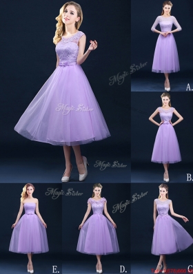 Popular Half Sleeves Tea Length Laced Bridesmaid Dress in Lavender