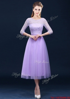Popular Half Sleeves Tea Length Laced Bridesmaid Dress in Lavender