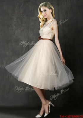 Popular High Neck Champagne Bridesmaid Dress with Hand Made Flowers and Lace