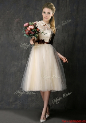 Popular High Neck Champagne Bridesmaid Dress with Hand Made Flowers and Lace