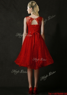 Popular Knee Length Red Bridesmaid Dress with Beading and Appliques