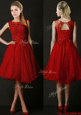 Popular Knee Length Red Bridesmaid Dress with Beading and Appliques