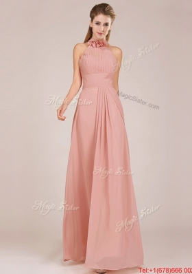 Popular Low Price Halter Top Peach Long Bridesmaid Dress in Chiffon