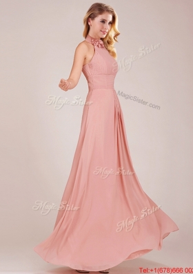 Popular Low Price Halter Top Peach Long Bridesmaid Dress in Chiffon