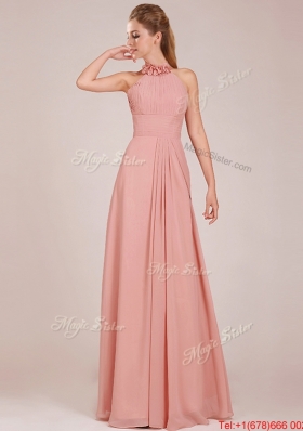 Popular Low Price Halter Top Peach Long Bridesmaid Dress in Chiffon