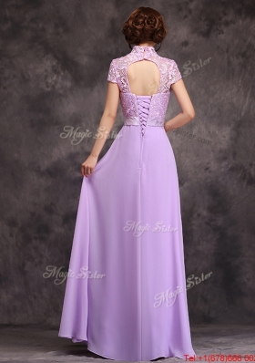 Popular Low Price High Neck Cap Sleeves Lavender Long Bridesmaid Dress