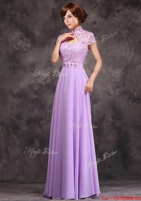 Popular Low Price High Neck Cap Sleeves Lavender Long Bridesmaid Dress