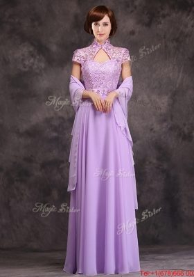 Popular Low Price High Neck Cap Sleeves Lavender Long Bridesmaid Dress