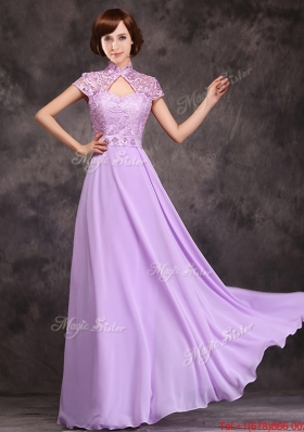 Popular Low Price High Neck Cap Sleeves Lavender Long Bridesmaid Dress