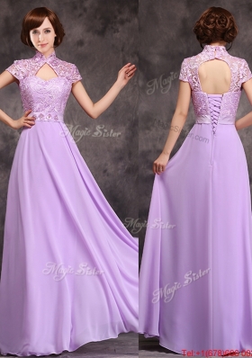 Popular Low Price High Neck Cap Sleeves Lavender Long Bridesmaid Dress
