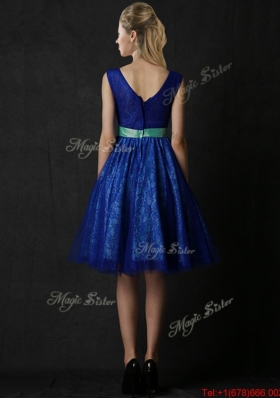 Popular New Arrivals Belted and Laced Blue Bridesmaid Dress in Knee Length