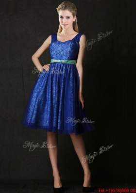 Popular New Arrivals Belted and Laced Blue Bridesmaid Dress in Knee Length