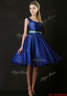 Popular New Arrivals Belted and Laced Blue Bridesmaid Dress in Knee Length