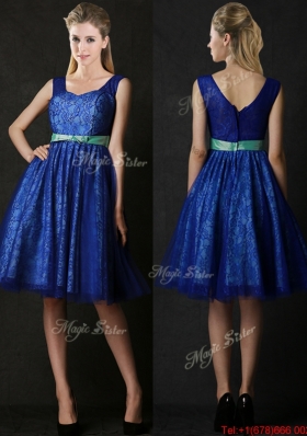 Popular New Arrivals Belted and Laced Blue Bridesmaid Dress in Knee Length