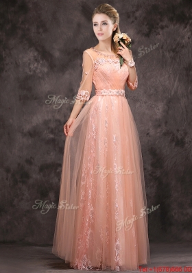 Popular See Through Applique and Laced Long Bridesmaid Dress in Peach