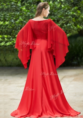 Pretty Bateau Long Sleeves Red Bridesmaid Dress with Beading and High Slit