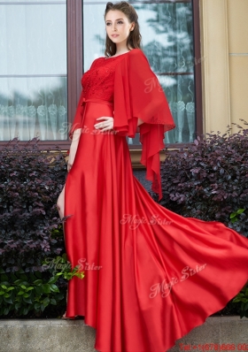 Pretty Bateau Long Sleeves Red Bridesmaid Dress with Beading and High Slit