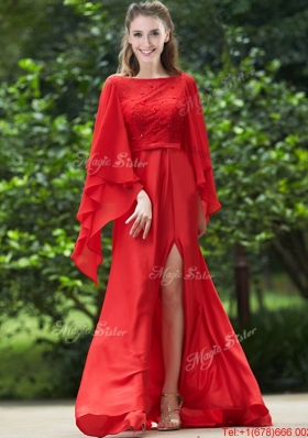 Pretty Bateau Long Sleeves Red Bridesmaid Dress with Beading and High Slit