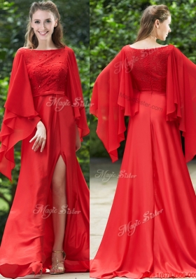 Pretty Bateau Long Sleeves Red Bridesmaid Dress with Beading and High Slit