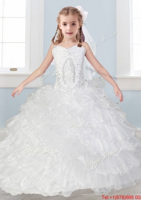 Affordable Spaghetti Straps Flower Girl Dress with Ruffled Layers and Embroidery