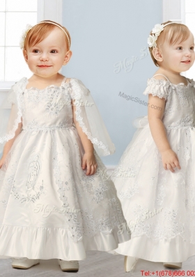 Best Spaghetti Straps Cap Sleeves Flower Girl Dress with Lace and Beading